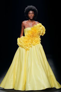 Pleated floral motif bodice ballgown - HerTrove Yellow Ballgown, High Neck Lace Top, Isabel Sanchis, Exclusive Gowns, 2022 Fashion Show, High Low Gown, Organza Gowns, Dress Name, Off Shoulder Gown