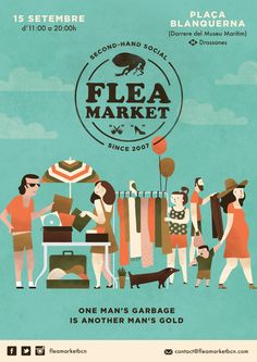 an advertisement for flea market with people shopping