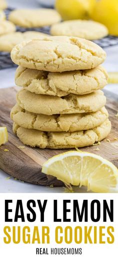 lemon sugar cookies stacked on top of each other with the words easy lemon sugar cookies