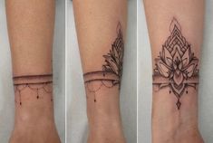 three different views of the same tattoo on someone's arm and leg, one with an arrow