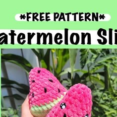 two crocheted watermelon slippers with text overlay that reads free pattern