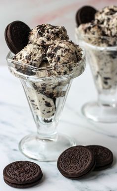 cookies and oreo ice cream in a glass dish