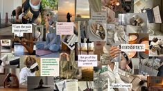 a collage of photos with words and pictures on them that include women's clothing