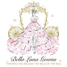 a woman in a pink dress is standing next to an umbrella with the words bella lunas on it