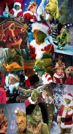 many different pictures of people dressed up as santa claus and grino, including the green man