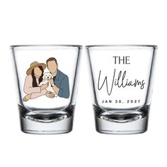 two shot glasses with an image of the couple holding each other