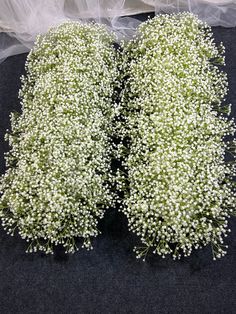 two white flowers are sitting next to each other on a black surface with a veil behind them