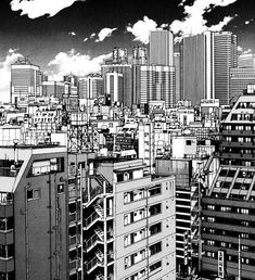 black and white cityscape with buildings in the foreground, clouds in the background