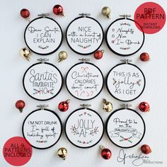 six cross stitch christmas ornaments with the names of each ornament