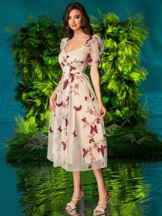 Introducing the Fluttering Beauty dress, designed for the elegant and sophisticated woman. This dress features double bubble sleeves and a 3D butterfly decoration, adding a touch of whimsy to its classic design. Perfect for any occasion, this dress exudes beauty and confidence. Color : Apricot Style : Casual Details : Ruffle, Zipper Pattern Type : Floral, Butterfly, Animal, All Over Print Type : A Line Sleeve Length : Short Sleeve Neckline : Sweetheart Sleeve Type : Puff Sleeve Waist Line : High Butterfly Animal, Butterfly Decoration, Backless Dress Summer, 3d Butterfly, Evening Gowns Elegant, Floral Butterfly, Beauty Dress, Sleeves Dress, Butterfly Decorations