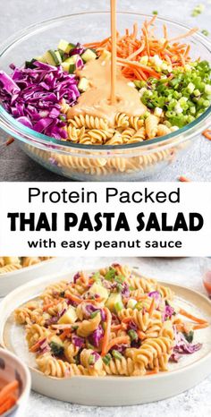 a bowl filled with pasta and vegetables next to the words protein packed thai pasta salad