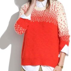 Madewell Drift Stitch Sweater Wool Blend Ombre Heart Print Reddish Orange 

Sz M
Color is a cross between red and orange
Long sleeves
Pullover style

Measurements (approx):
Armpit to armpit: 22 1/2”
Length (shoulder to hem): 26 3/4”

Light wear present
Loose stitching on sleeve and close to shoulder 
See pics
Good condition Orange Heart Sweater, Sweater Shaver, Stitch Sweater, Post Holiday, Madewell Sweater, Madewell Sweaters, Cynthia Rowley, Holiday Sales, Wool Blend Sweater