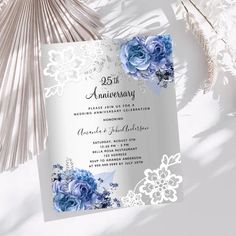 wedding anniversary card with blue flowers and lace