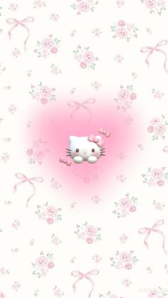 a hello kitty wallpaper with pink flowers and bows on the bottom half of it