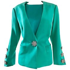 Stunning vintage YVES SAINT LAURENT Haute Couture numbered Kelly green silk jacket and top! Striking vibrant shade of green. Phenomenal diamanté rhinestone oversized buttons--three at each cuff, and one at the front bodice. Two pockets (one at each side of the waist). Amazing workmanship--everything is absolutely hand-sew, with no machines whatsoever! Fully lined. Great together or as separates. Perfect with jeans, trousers, a skirt, or just the jacket over a dress. Perfect for the upcoming Chri Yves Saint Laurent Haute Couture, Saint Laurent Haute Couture, Evening Suit, Vintage Yves Saint Laurent, Cropped Blazer Jacket, Color Block Jacket, French Fashion Designers, Brown Suede Jacket, Uniform Fashion