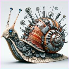 a snail with lots of mechanical parts on it's back and its head in the air