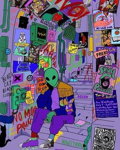 an alien is sitting on the steps in front of a wall full of posters and stickers