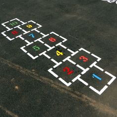 Traditional Hopscotch Playground Stencil Tape Games On Floor, Games Painted On Concrete, School Floor Games, 3d Hopscotch, Painters Tape Design, Floor Games, Dinosaur Stencil, Sensory Pathways, Playground Games