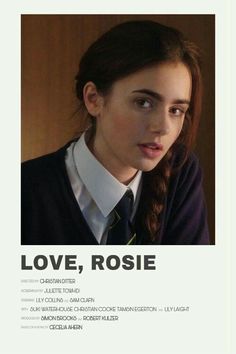 a woman with long hair wearing a sweater and tie in front of a poster that says love, rosie