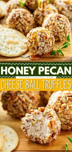 honey pecan cheese ball truffles on a cutting board with crackers in the background