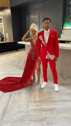 @freetheedon on ig for details Prom Inspiration Black Couple, Red Prom Dresses Couple, Red And Black Prom Couples Outfit, Silver And Red Prom Couple, Red Prom Ideas For Couples, Prom Red Couple, Prom Ideas Black Couples Red, Red Prom Pictures Couples, Red Prom Couple Outfit Black