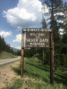 a welcome sign on the side of a road in front of some trees and grass