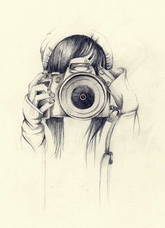 a drawing of a person taking a photo with a camera in front of their face