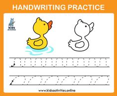 handwriting practice with duck and rubber duckling on blue background, illustration royaltying for children stock