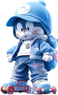 a cartoon character is riding on a skateboard with a blue hat and jacket over his head