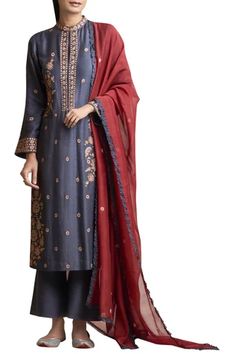 Shop for Sue Mue Blue Dori Embroidered Floral Motifs Kurta Palazzo Set for Women Online at Aza Fashions Nilofer Shahid, Plazo Dress, Long Kurti Patterns, Kamiz Design, Patiala Dress, Kurta Palazzo Set, Kurti Pant, Chanderi Suits, Salwar Designs