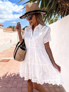 Elegant Women Solid Lapel Embroidery Flower Dress Solid Vintage Short Sleeve Slim Ruffles Dress Buttoned Shirt Sundress Cover Up Lapel Embroidery, Embroidery Flower Dress, Beach Dress Casual, Mountain Hat, Beach White Dress, 90s Inspired Outfits, Feminine Wardrobe, Dress Train, Train Of Thought