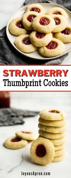 strawberry thumbprint cookies stacked on top of each other in front of a white plate