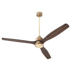 a ceiling fan with two wooden blades and a light on the top one is turned off