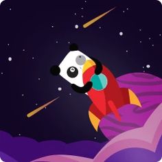 a panda bear flying through the air on top of a rocket