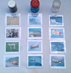 several pictures are arranged on the table with water and other things to do in front of them