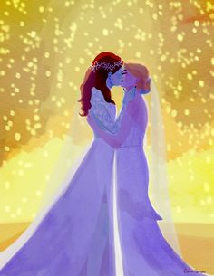 a painting of a bride and groom kissing in front of a tree with lights on it