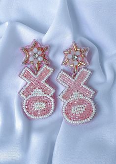 Beaded XO Statement Earrings Pink and white Metal color Post entry Acrylic 2.5" drop Affordable Statement Pink Beaded Earrings, Earrings Pink, First They Came, Knitting Materials, Metal Color, White Metal, Shoe Box, Pink And White, Statement Earrings