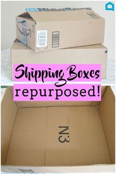 two boxes are stacked on top of each other with the words shipping boxes repurposed