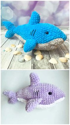 there are two pictures of stuffed animals made out of yarns and crochet