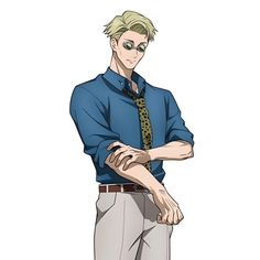 an anime character wearing a blue shirt and tie with his hands on his hips while looking at the camera