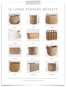 the 12 large storage baskets are shown in different sizes and colors, with text overlaying them