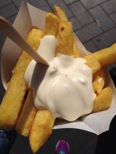 a close up of french fries with mayonnaise on top