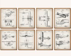 six framed drawings of airplanes are shown in this set, including one plane and the other airplane