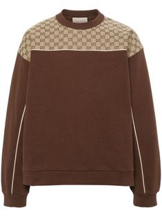 chocolate brown cotton classic GG canvas jersey texture contrasting trim crew neck drop shoulder long sleeves ribbed cuffs and hem Color Crema, Contrasting Trim, Statement Shirt, Balenciaga Triple S, Short Suit, Espadrille Shoes, Contrast Trim, Chocolate Brown, Jean Coat