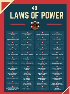 the laws of power poster with red and blue lines on it, including words that read'48 laws of power '