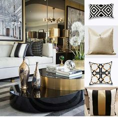 a living room filled with lots of furniture and decorating items in black and gold colors