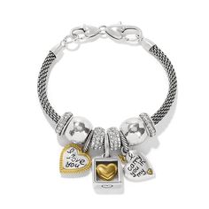 Make her day golden with this Beverly Glam charm bracelet filled with glints of gold. Charms etched with loving messages are showcased along with a stopper, bead and spacer on this gift-she'll-love. Brighton Charm Bracelet, Loving Messages, Gold Charms, Sneaker Jewelry, Brighton Jewelry, Metal Heart, Jewelry Cleaner, Sunglasses Shop, Mixed Metals