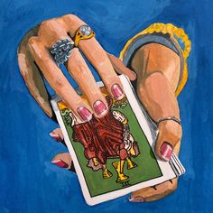 a painting of two hands holding a tarot card and a ring on their fingers