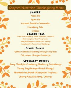 the thanksgiving menu is shown with orange leaves