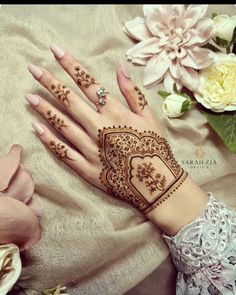 a woman's hand with henna tattoos on it and flowers in the background